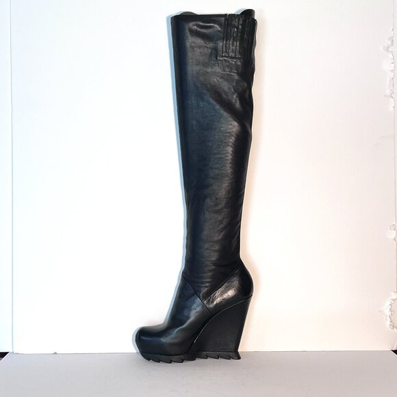 Camilla Skovgaard Over The Knee Black Leather Sawtooth Wedge Boot Sz 8.5 - Picture 1 of 16